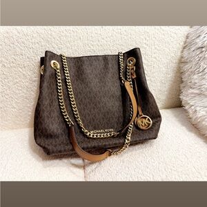 Michael Kors Dark Brown Logo Shoulder Tote with Gold Chain